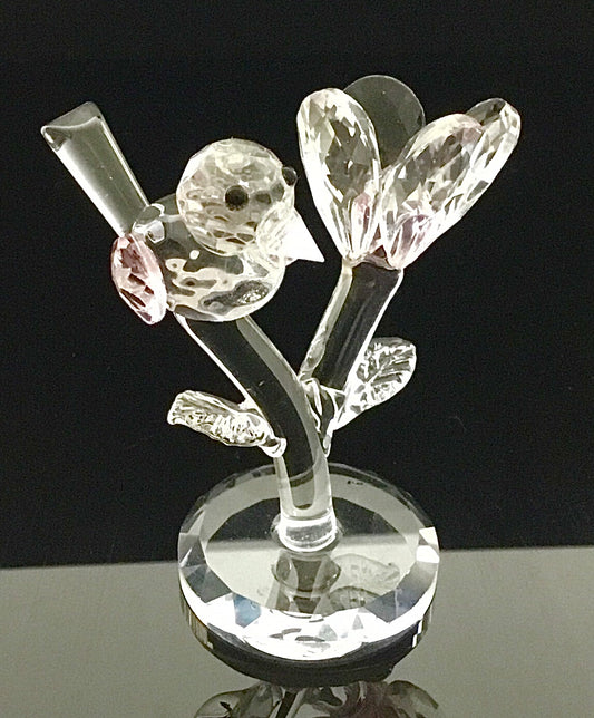 Bird On Tree Crystal Figurine Pink