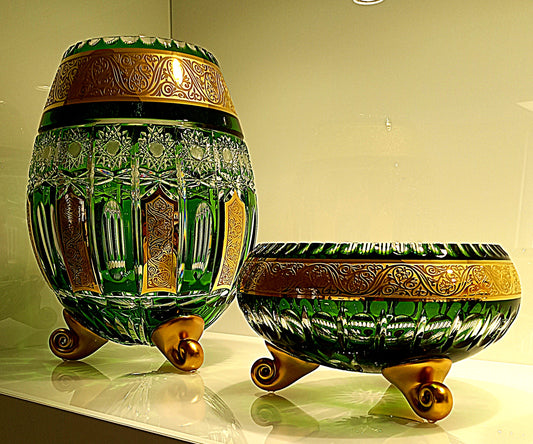 Green Crystal bowls hand cut gold on Demand